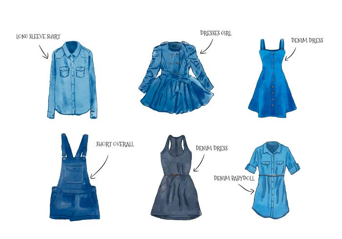 Feminin vattenfärg Blue Jean Clothes Set Collection vektor