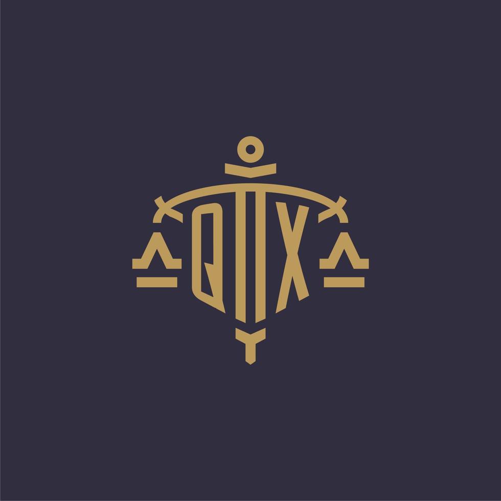 Monogramm-qx-Logo für Anwaltskanzlei mit geometrischer Skala und Schwertstil vektor