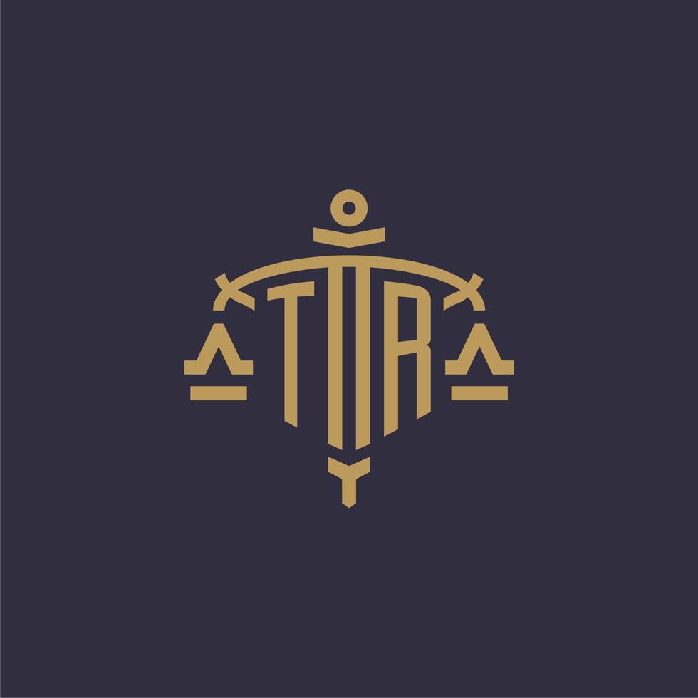 monogramm tr logo für anwaltskanzlei mit geometrischer skala und schwertstil vektor