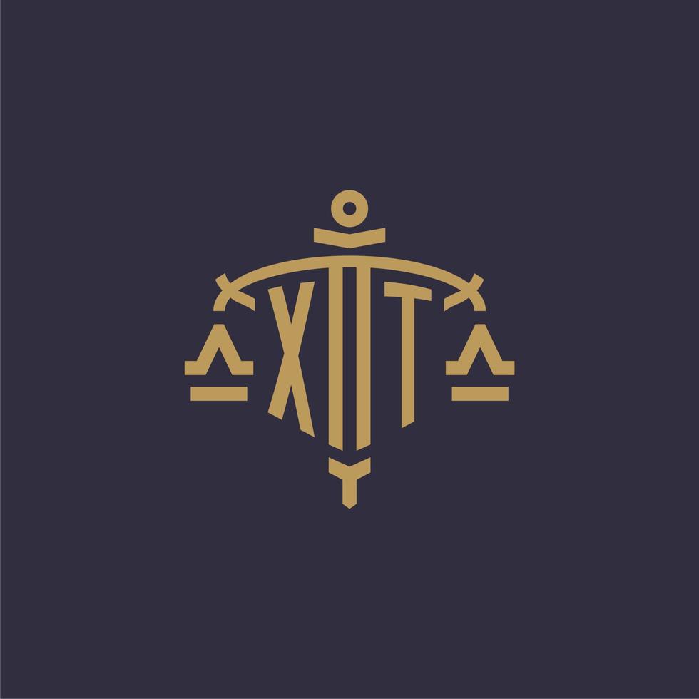 monogramm xt logo für anwaltskanzlei mit geometrischer skala und schwertstil vektor