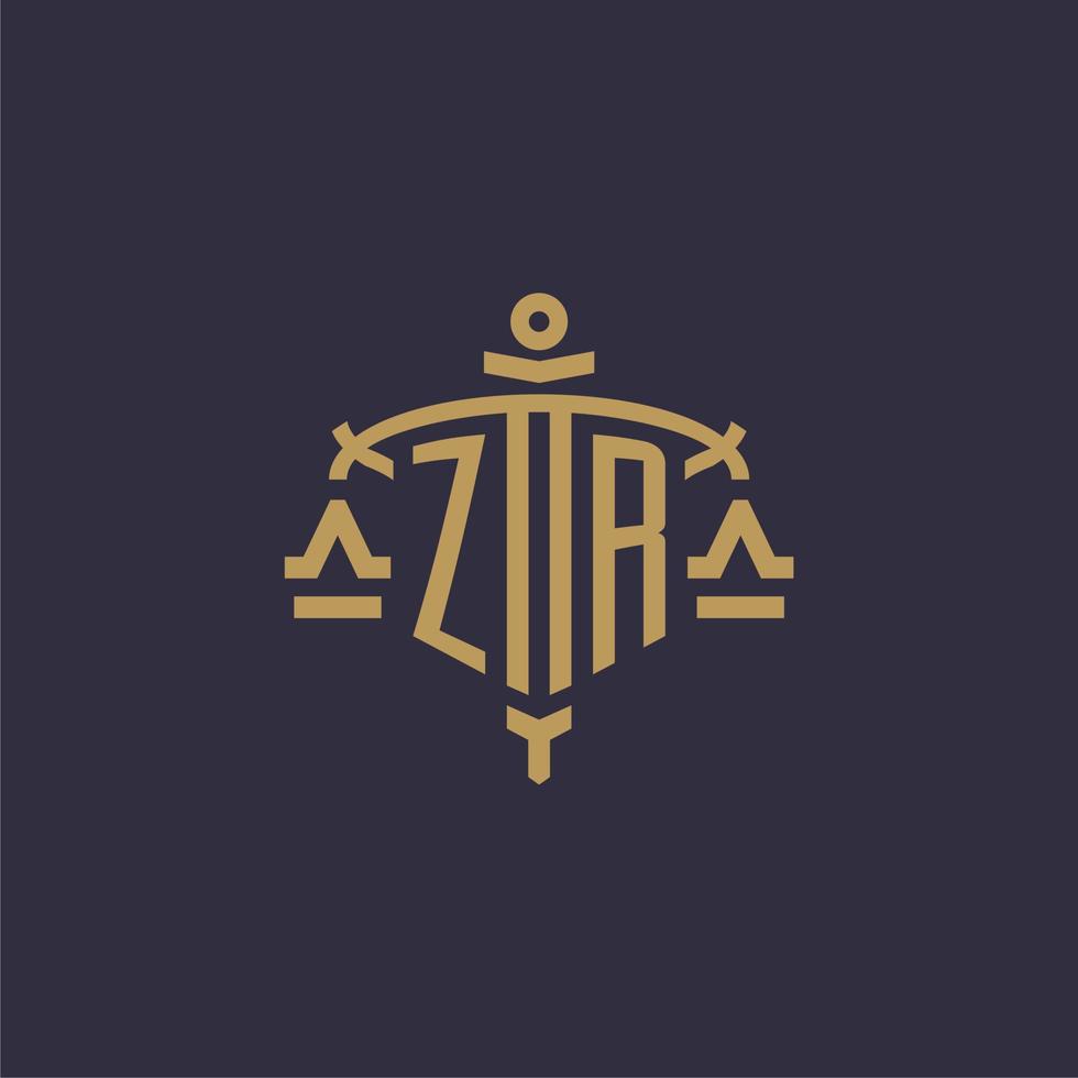 monogramm zr logo für anwaltskanzlei mit geometrischer skala und schwertstil vektor