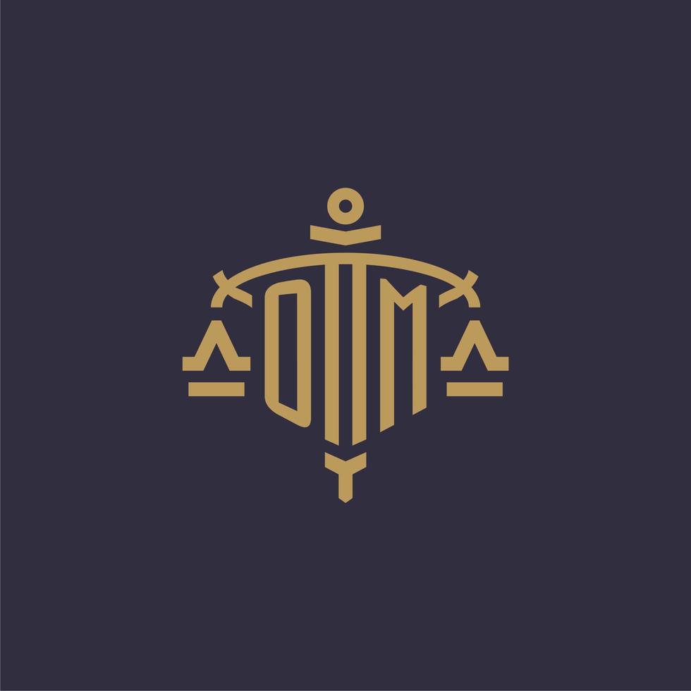 monogramm-om-logo für eine anwaltskanzlei mit geometrischer skala und schwertstil vektor