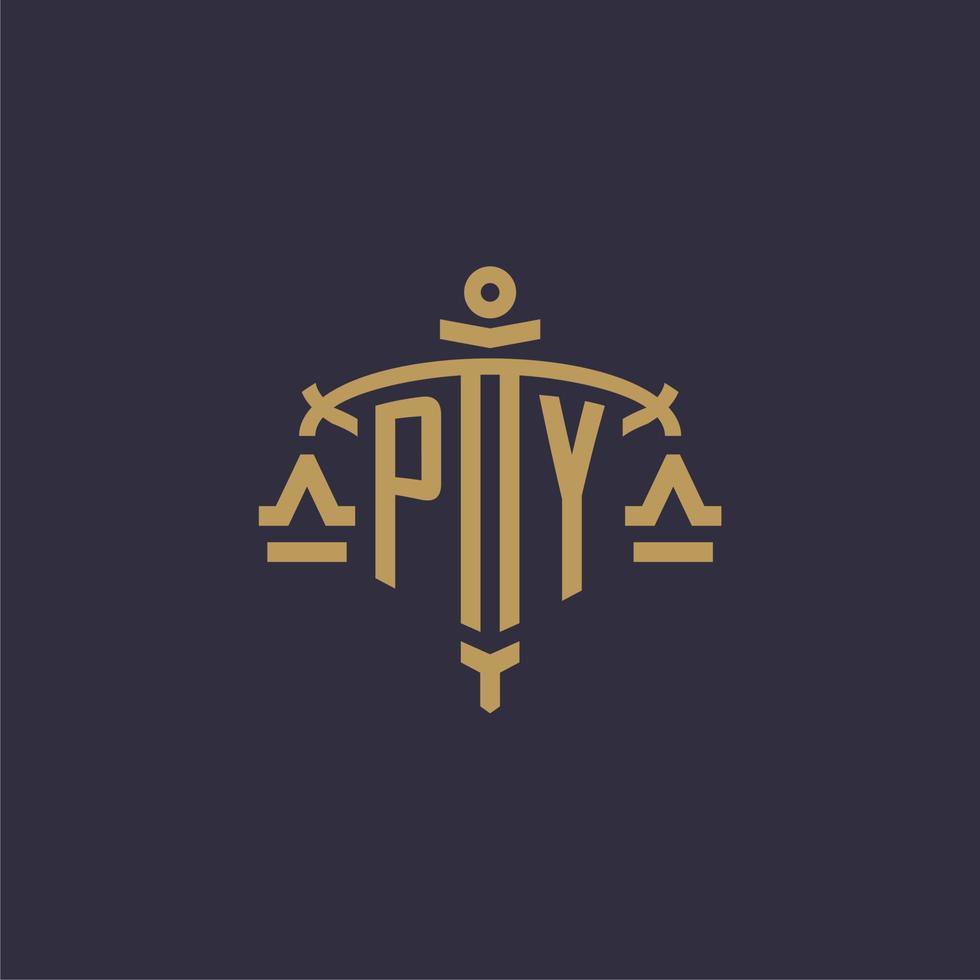 monogramm-py-logo für eine anwaltskanzlei mit geometrischer skala und schwertstil vektor