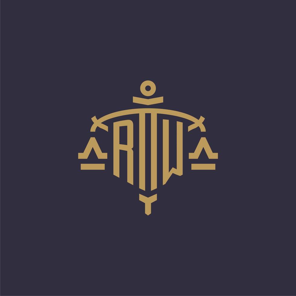 monogramm rw logo für anwaltskanzlei mit geometrischer skala und schwertstil vektor