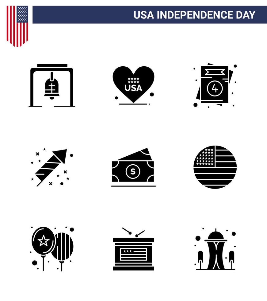 4. juli usa glücklicher unabhängigkeitstag symbol symbole gruppe von 9 modernen soliden glyphen des geldes urlaubseinladung feuerwerk feier editierbare usa tag vektor design elemente