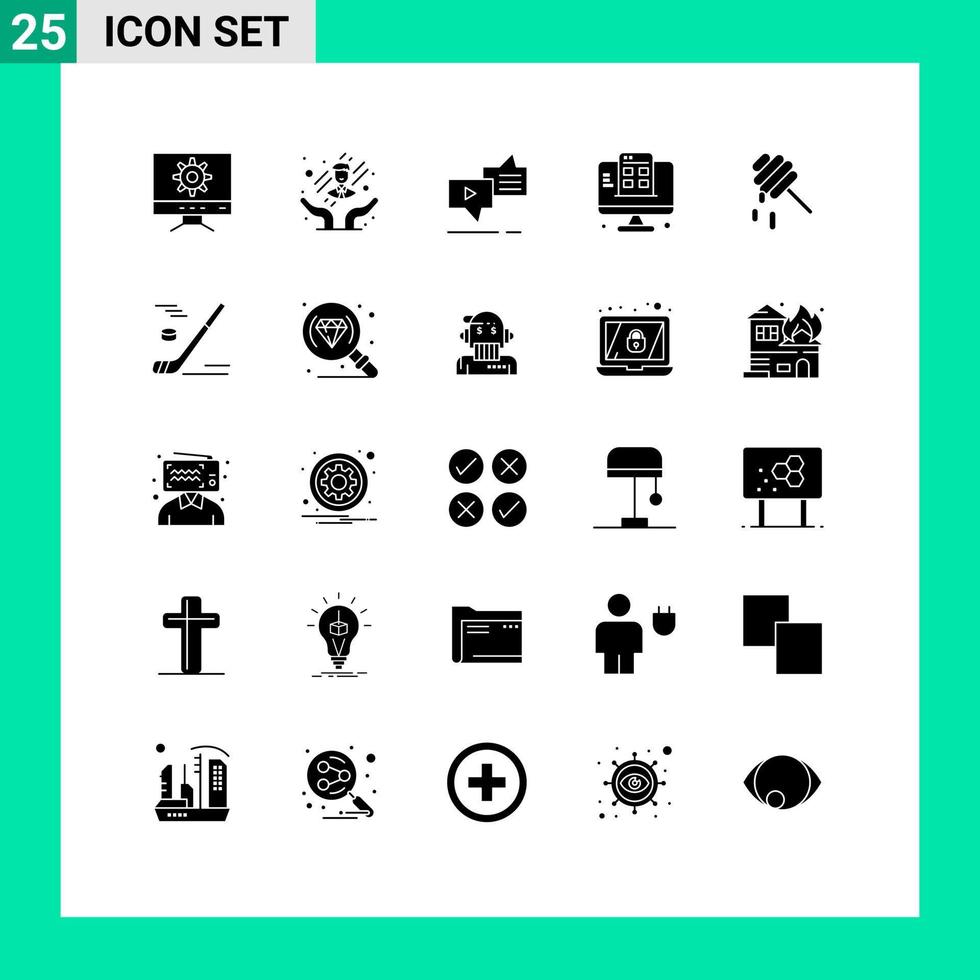 moderner Satz von 25 soliden Glyphen-Piktogrammen von editierbaren Vektordesign-Elementen der Honigbienen-Marketing-App-Webseite vektor