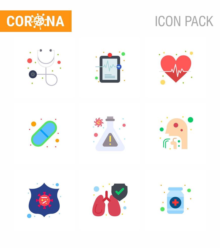 Coronavirus 9 flaches Farbsymbol, das zum Thema Koronaepidemie eingestellt ist, enthält Symbole wie Forschungskolben-Herzpillen medizinische virale Coronavirus 2019nov-Krankheitsvektor-Designelemente vektor