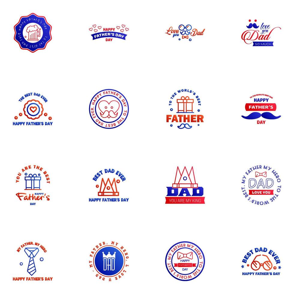 16 blaue und rote Reihe von Vektor glücklich Vatertag Typografie Vintage Symbole Schriftzug für Grußkarten Banner T-Shirt Design Vatertag editierbare Vektordesign-Elemente