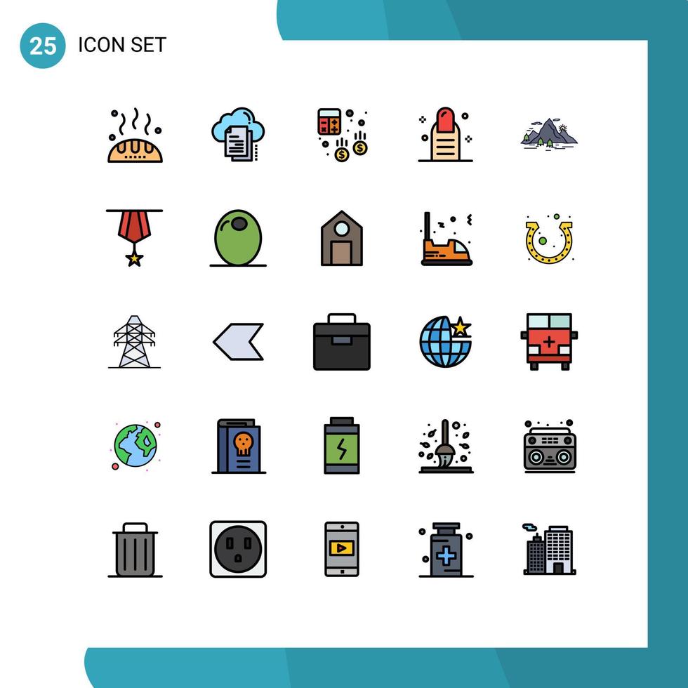 uppsättning av 25 vektor fylld linje platt färger på rutnät för natur pedikyr dokumentera skönhet kalkylator redigerbar vektor design element