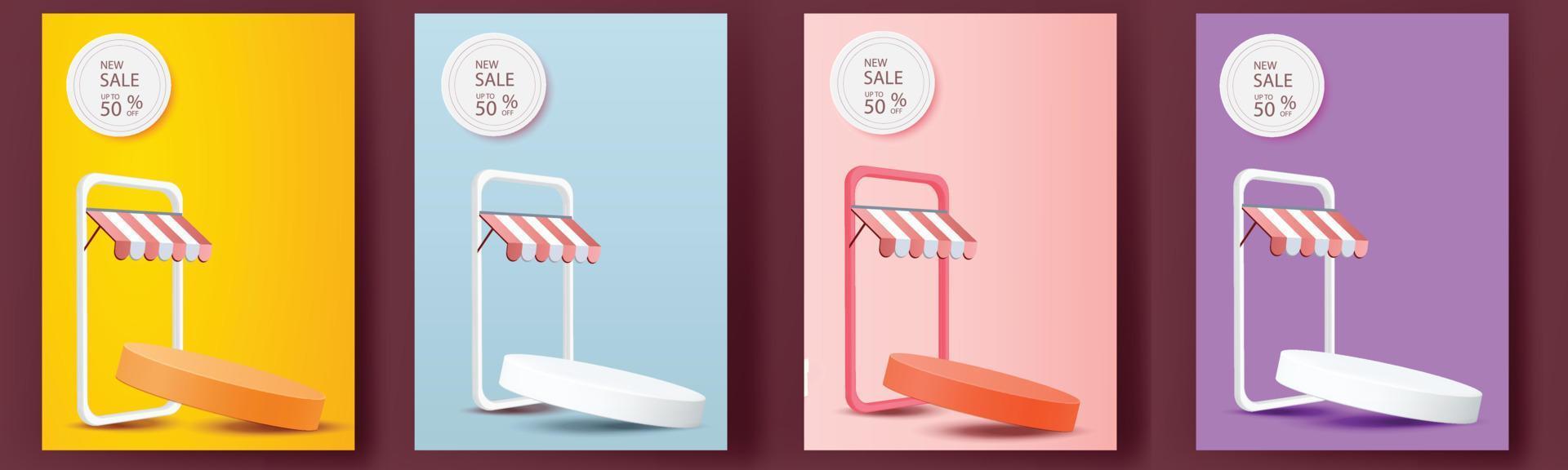 uppkopplad handla på telefon köpa sälja företag digital webb baner Ansökan pengar reklam betalning e-handel vektor illustration Sök podium