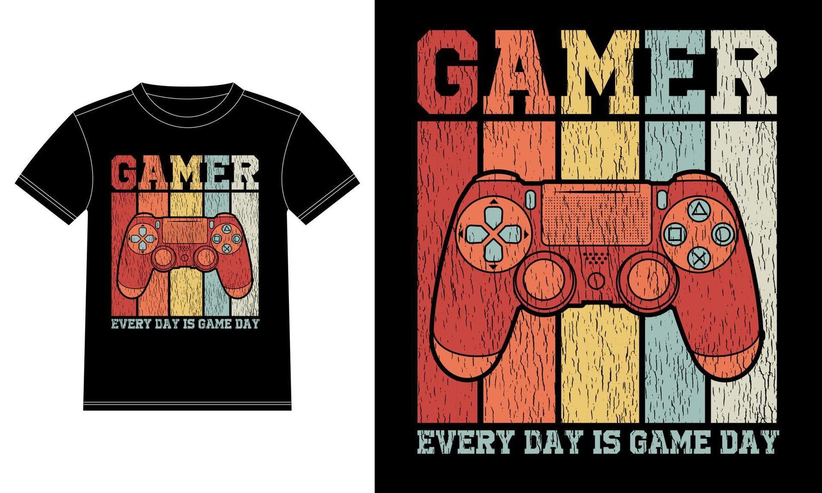 gamer-typografie jeden tag ist spieltag t-shirt designvorlage, autofensteraufkleber, pod, cover, isolierter schwarzer hintergrund vektor