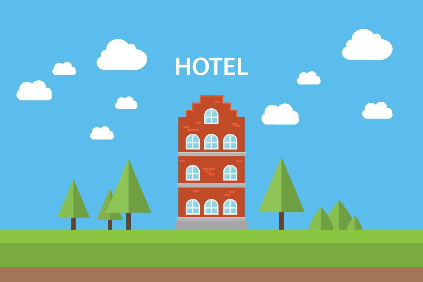 Hotelkonzept mit dem Gebäude, das mit flacher Baumvektorgraphikillustration des blauen Himmelshintergrundes steht vektor