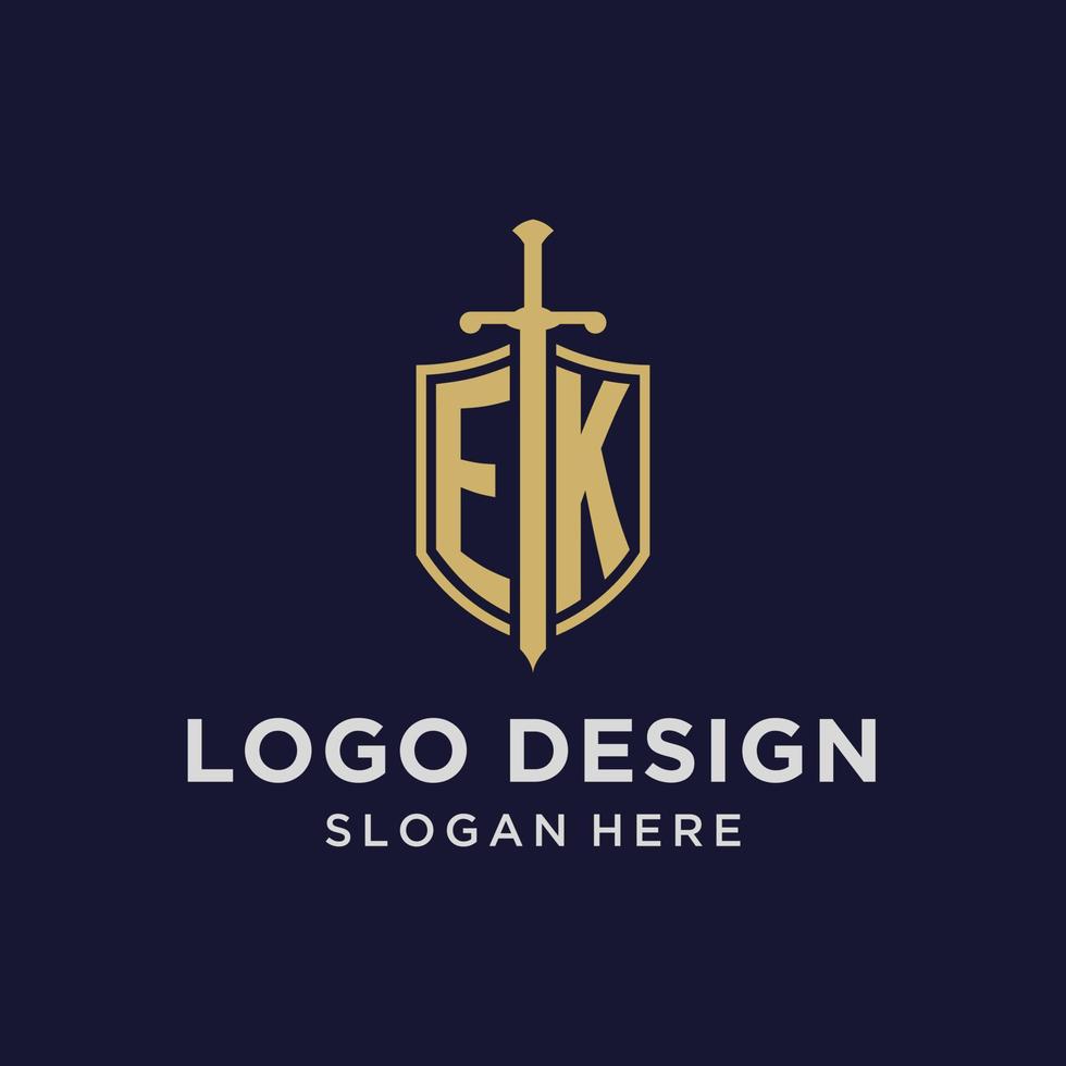 ek-Logo-Anfangsmonogramm mit Schild- und Schwertdesign vektor