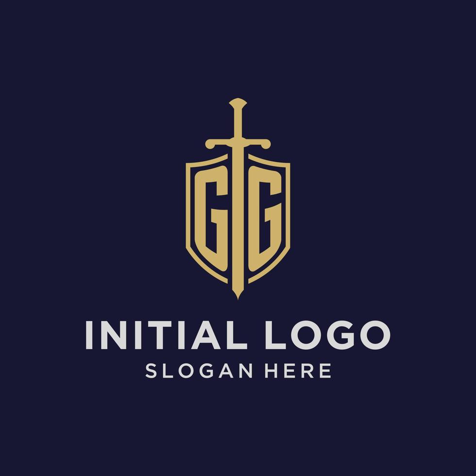 gg logotyp första monogram med skydda och svärd design vektor