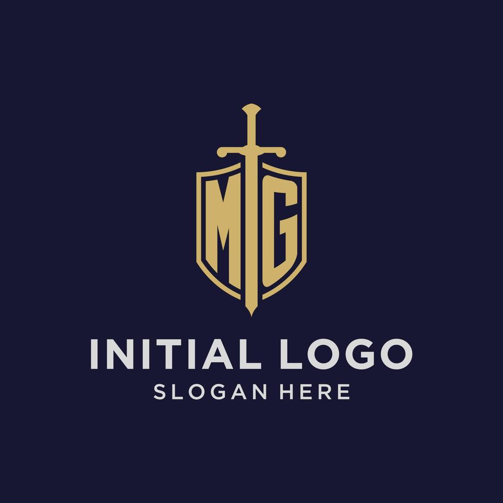 mg logotyp första monogram med skydda och svärd design vektor