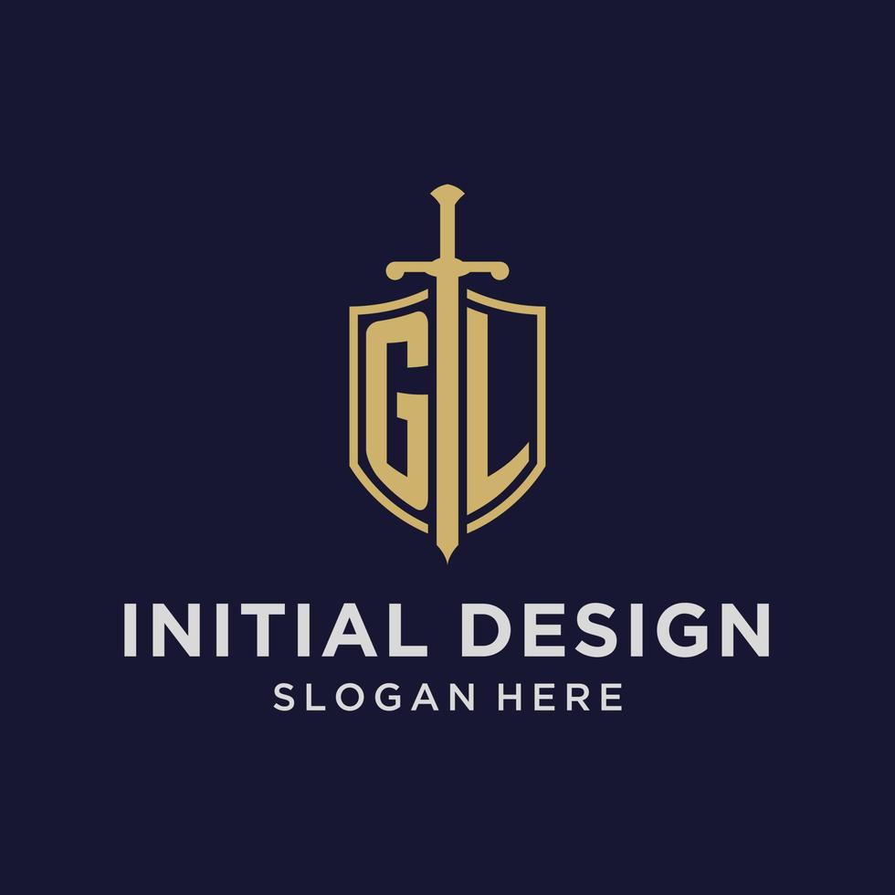 gl logotyp första monogram med skydda och svärd design vektor