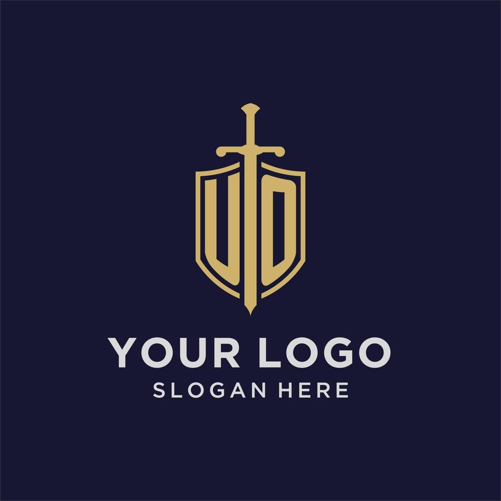 uo logotyp första monogram med skydda och svärd design vektor