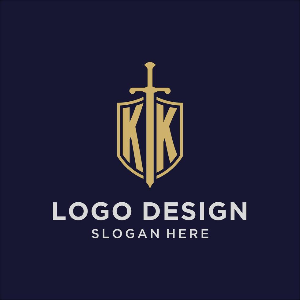 kk logotyp första monogram med skydda och svärd design vektor
