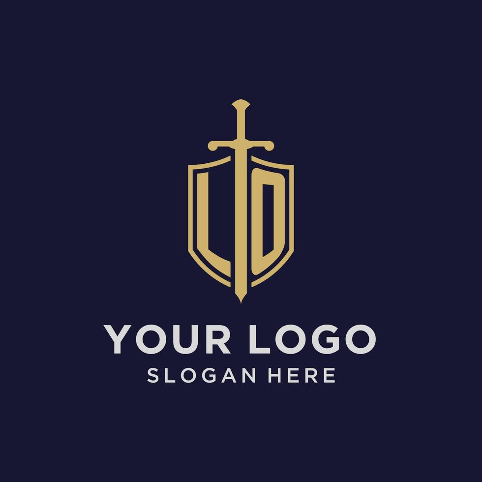 lo logotyp första monogram med skydda och svärd design vektor