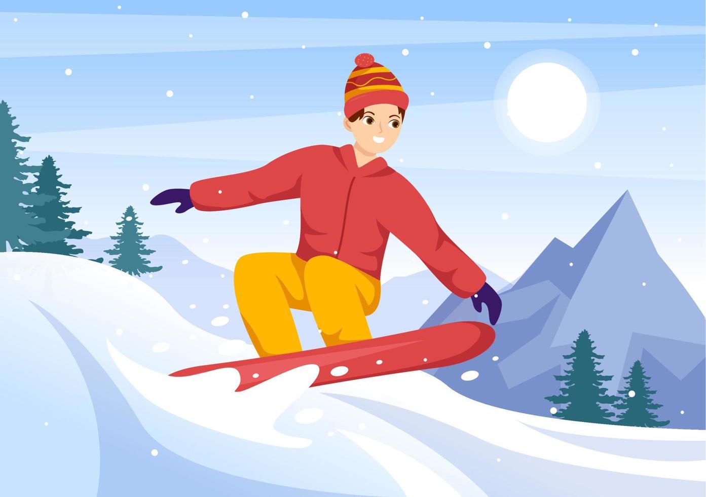 snowboarden mit leuten, die auf schneebedeckter bergseite oder steigung innerhalb der handgezeichneten schablonenillustration der flachen karikatur rutschen und springen vektor