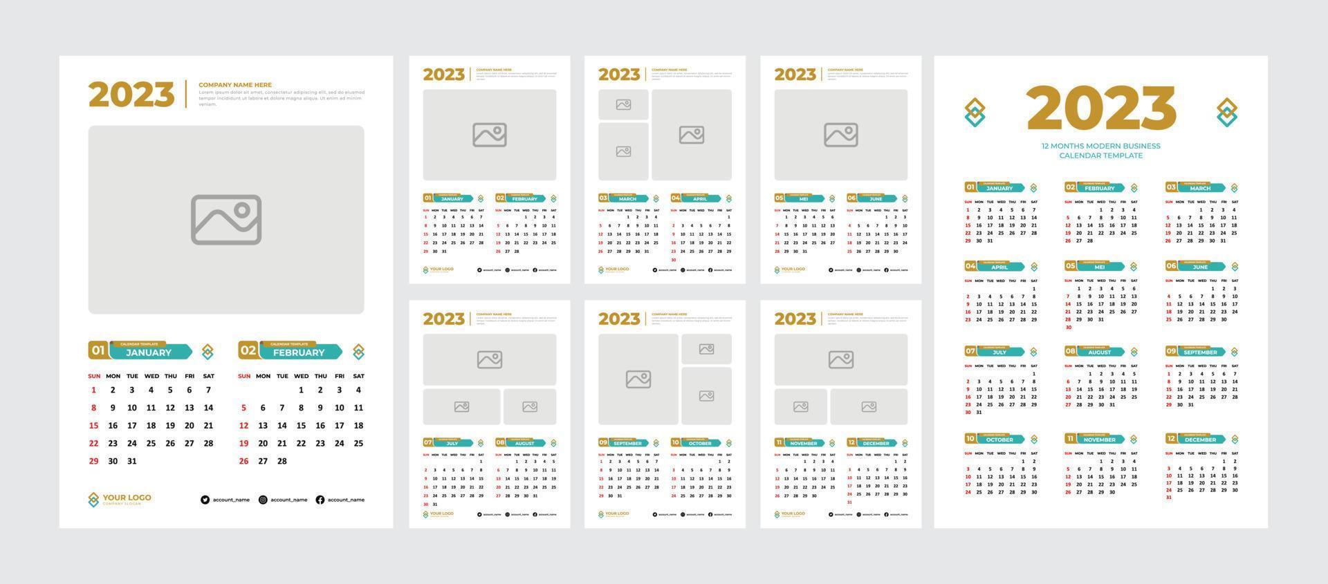 Designvorlage für Wandkalender 2023. bearbeitbare Seite und Farbe mit Fotoplatzhalter. 2 Monate in jedem Seitenkalender und 12 Monate in einer Seite vektor