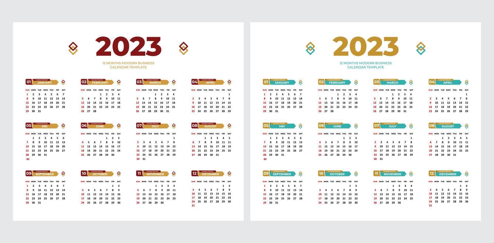 Designvorlage für Wandkalender 2023. editierbar mit 3 Farbvariationen. 12 Monate Kalender auf einer Seite mit 2 Farbvariationen vektor