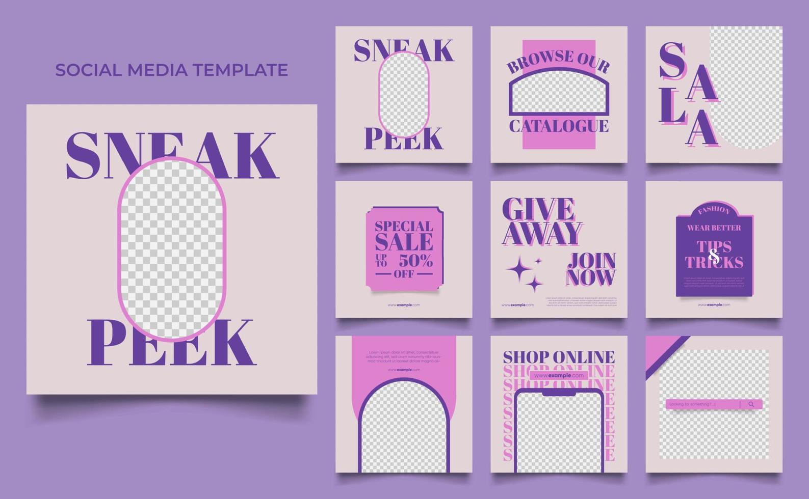 social media template banner modeverkaufsförderung in lila rosa farbe. vollständig bearbeitbares Instagram- und Facebook-Quadratpostrahmen-Puzzle-Bio-Verkaufsplakat. vektor