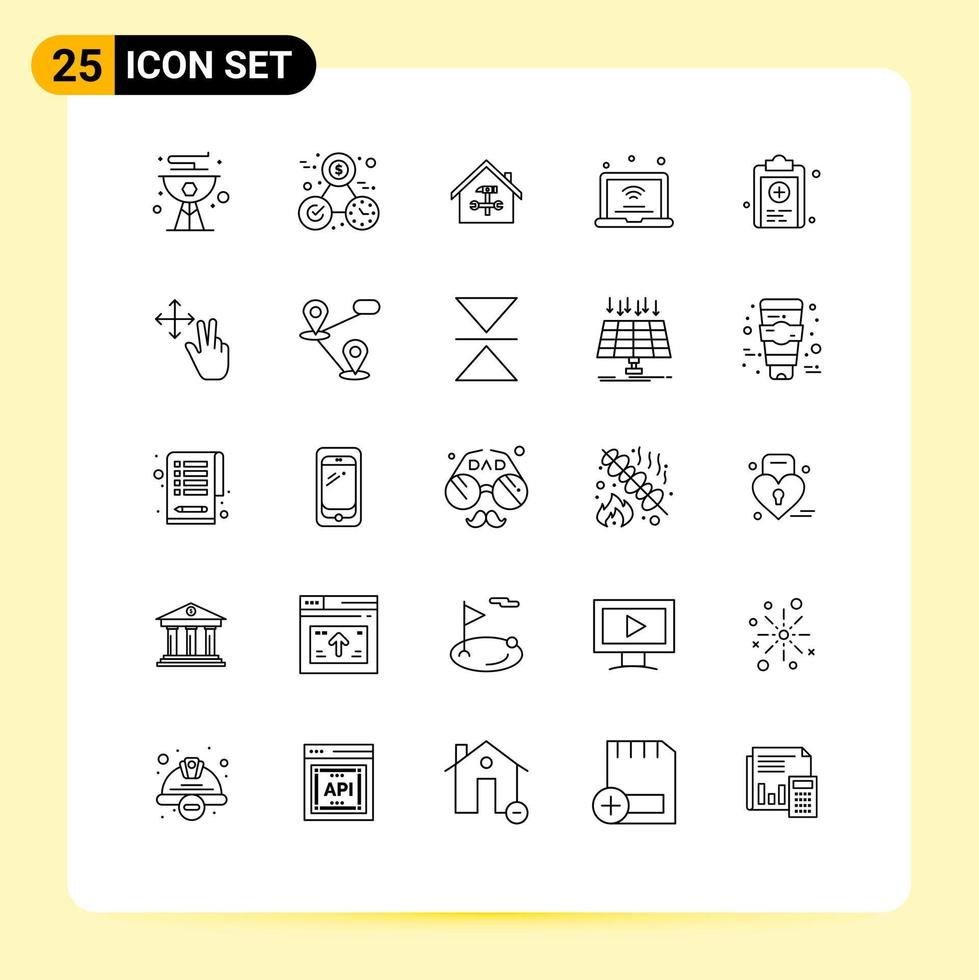 25 universelle Linienzeichen Symbole des Internets der Dinge Laptop Perfektion Schraubenschlüssel Reparatur editierbare Vektordesign-Elemente vektor