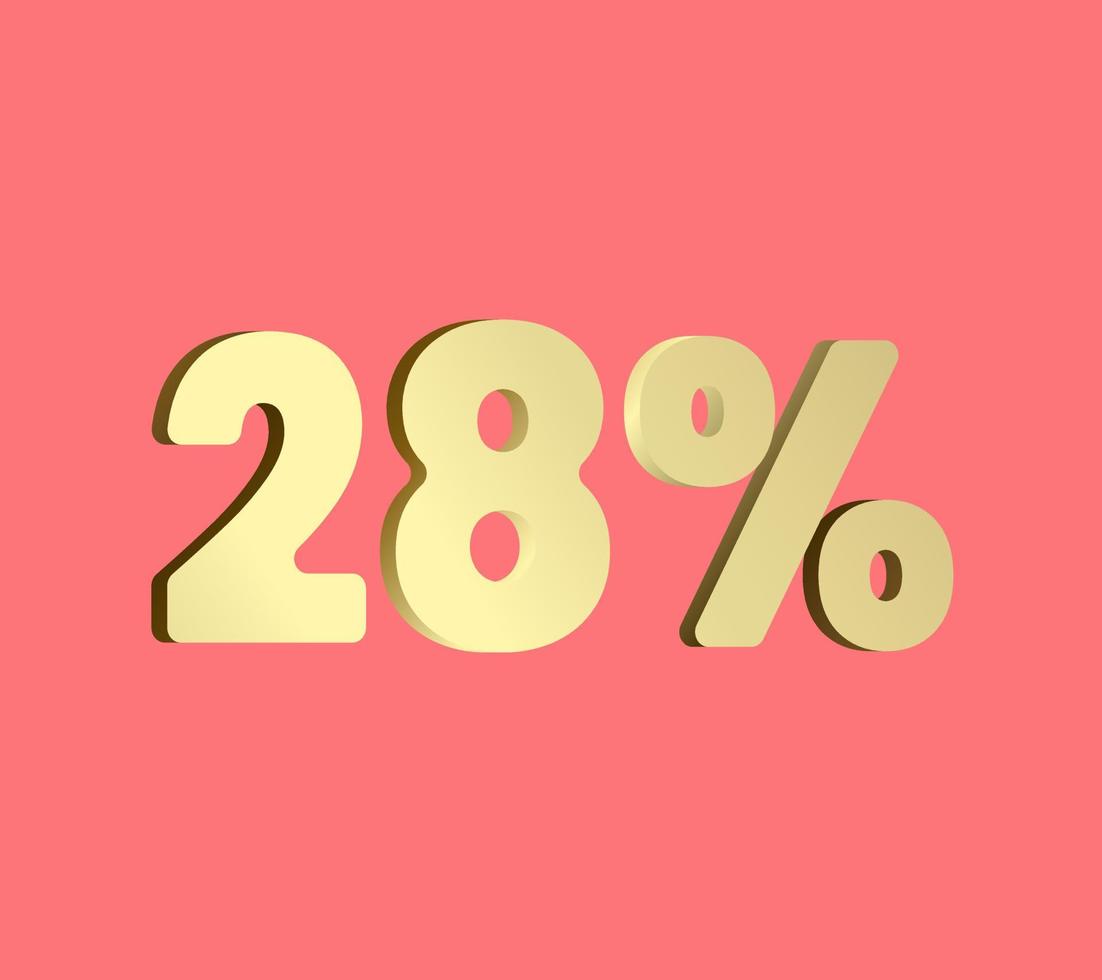 28 Prozent 3ds-Buchstabe golden, 3ds-Level-Goldfarbe, achtundzwanzig 3d-Prozent auf rotem Farbhintergrund und kann als transparenter goldener 3ds-Buchstabe für Ebenen, berechnete Ebene, Vektorillustration verwendet werden. vektor