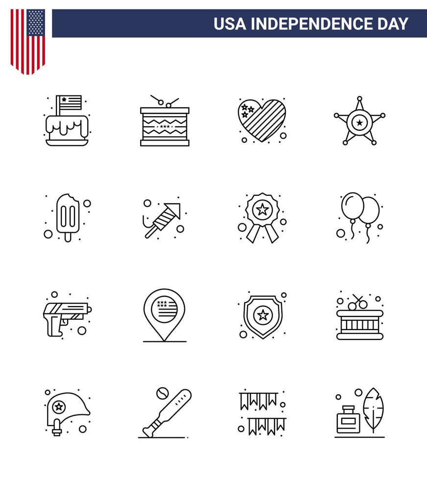 4. juli usa glücklicher unabhängigkeitstag symbol symbole gruppe von 16 modernen linien von usa polizeiparade männer herz editierbare usa tag vektor design elemente