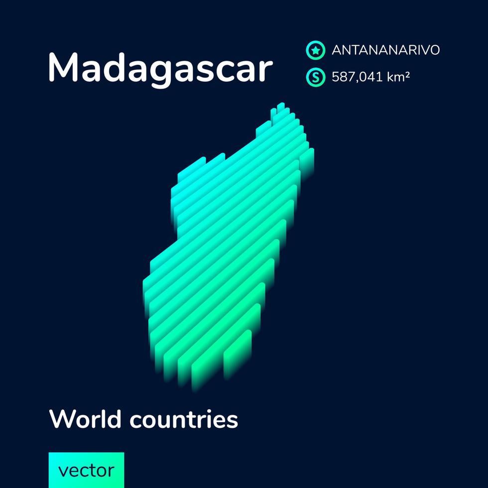 Madagaskar 3D-Karte. stilisierte gestreifte isometrische Vektorkarte von Madagaskar in Neongrün und Minzfarben vektor