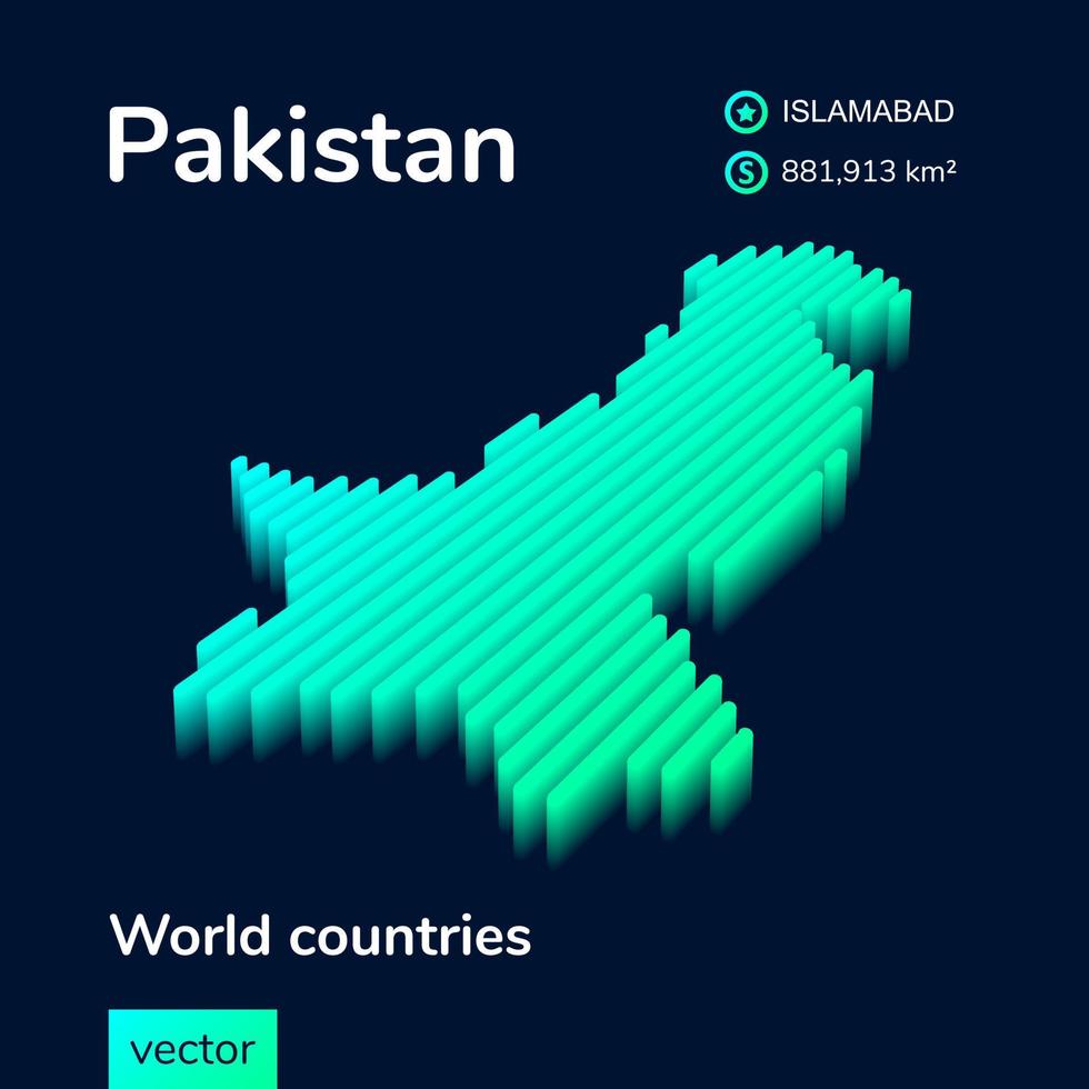 pakistan 3d Karta. stiliserade neon enkel digital isometrisk randig vektor Karta i grön färger på blå bakgrund
