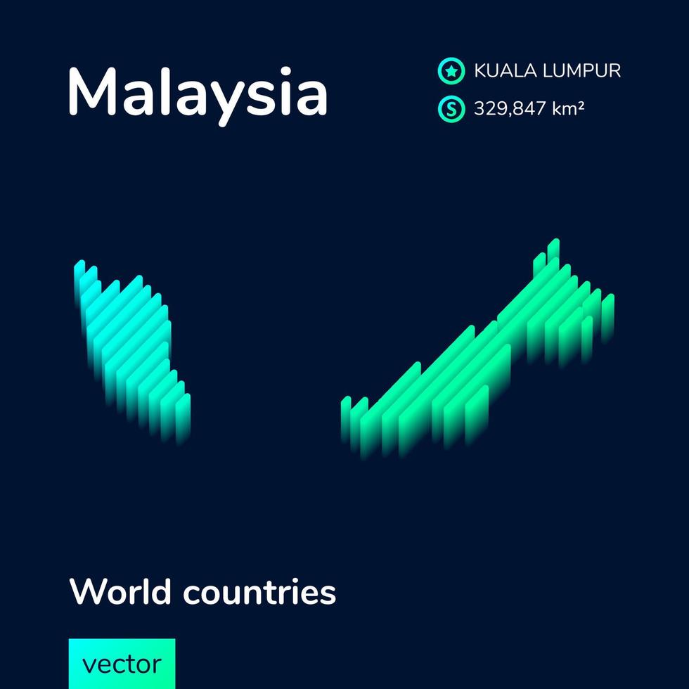 Malaysia 3D Nickerchen. stilisierte gestreifte isometrische Vektorkarte von Malaysia ist in neongrünen und mintfarbenen Farben vektor