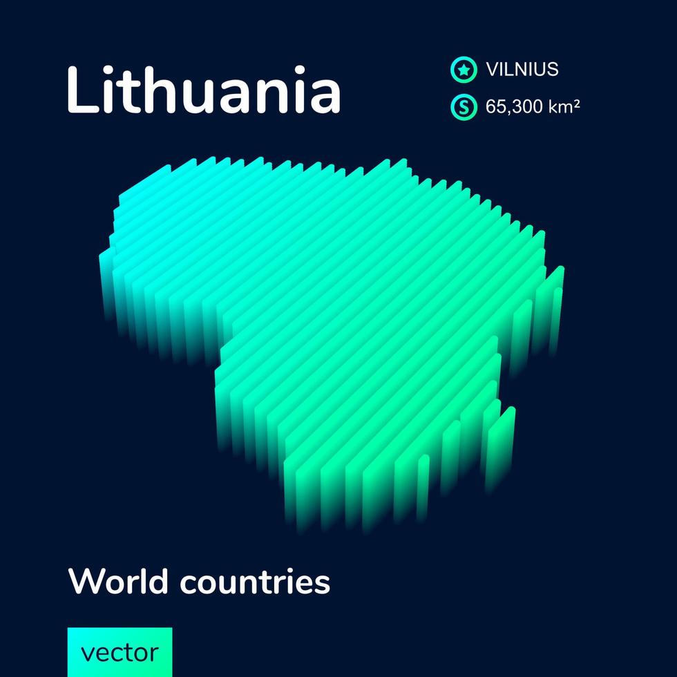 Isometrische 3D-Vektor-Litauen-Karte in Neon-Türkis-Farben auf dunkelblauem Hintergrund. stilisiertes Kartensymbol von Litauen. Infografik-Element vektor