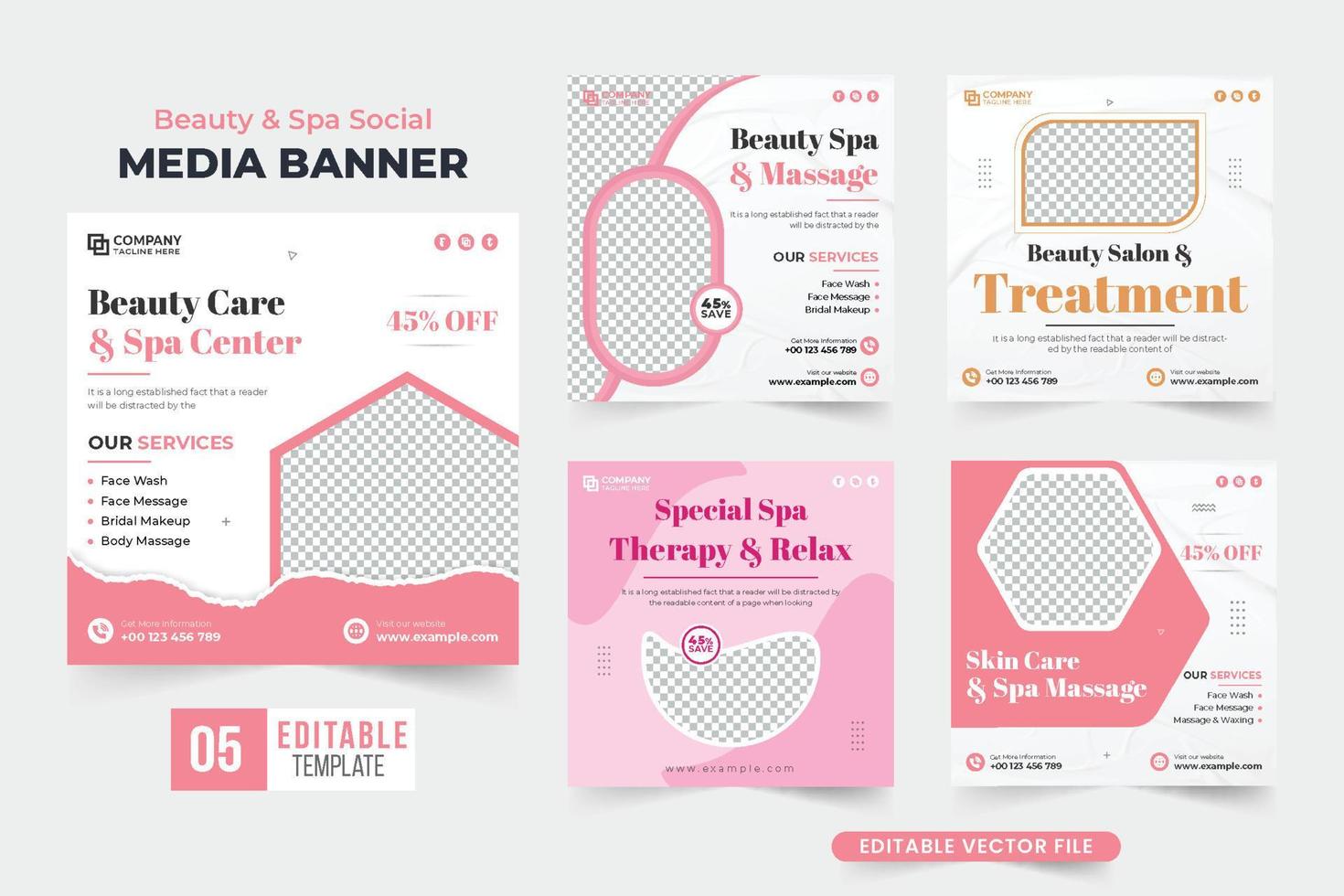 Web-Banner-Kollektion für Hautpflege- und Massagesalons mit rosa und dunklen Farben. Spa-Therapie-Business-Promotion-Poster-Paket für Marketing. schönheitspflege social media post set vektor. vektor