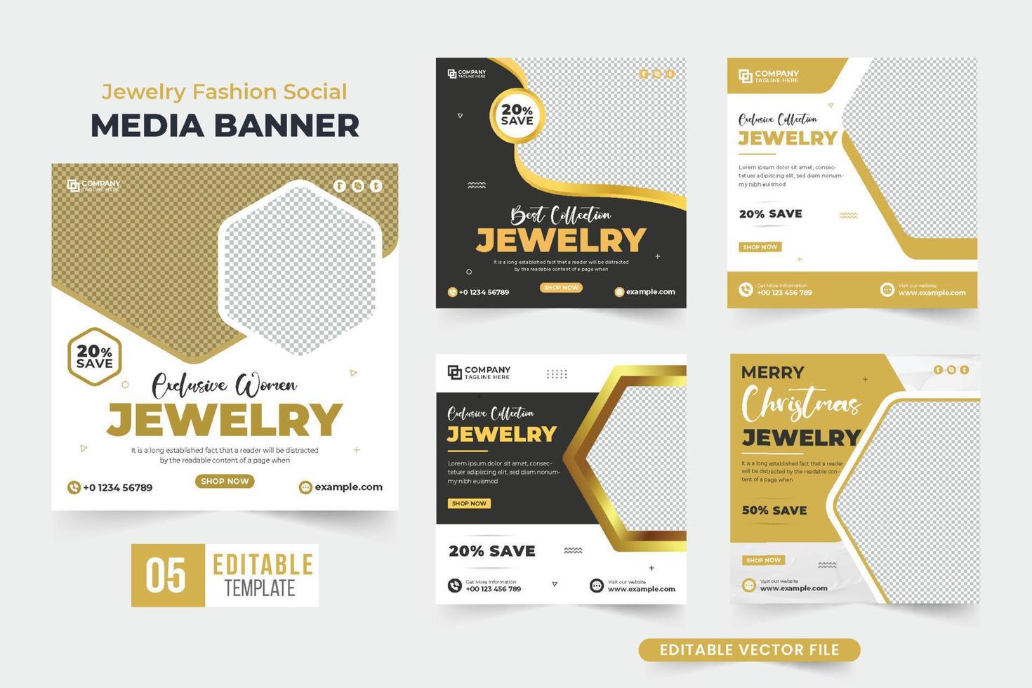 Schmuck Business Marketing Template Bundle mit abstrakten Formen. moderner modeschmuckladen-rabattplakatsammlungsvektor mit goldenen und dunklen farben. mode-accessoires social-media-post-set. vektor