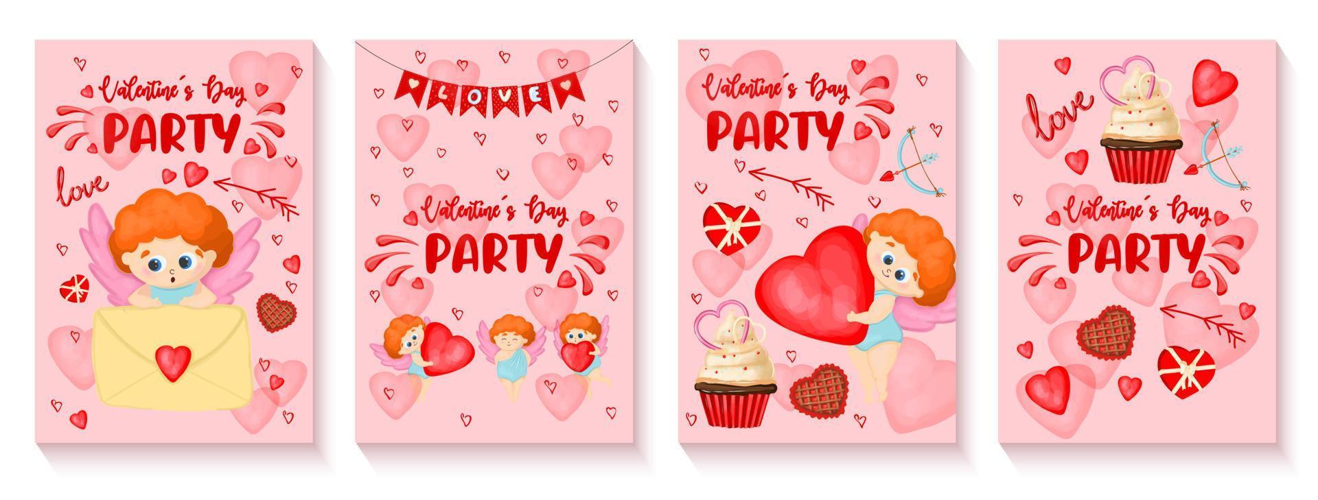 eine reihe von einladungsplakaten für die valentinstagsparty am 14. februar. süßer Amor lädt zu einer romantischen Party ein. Hochformat. vektor