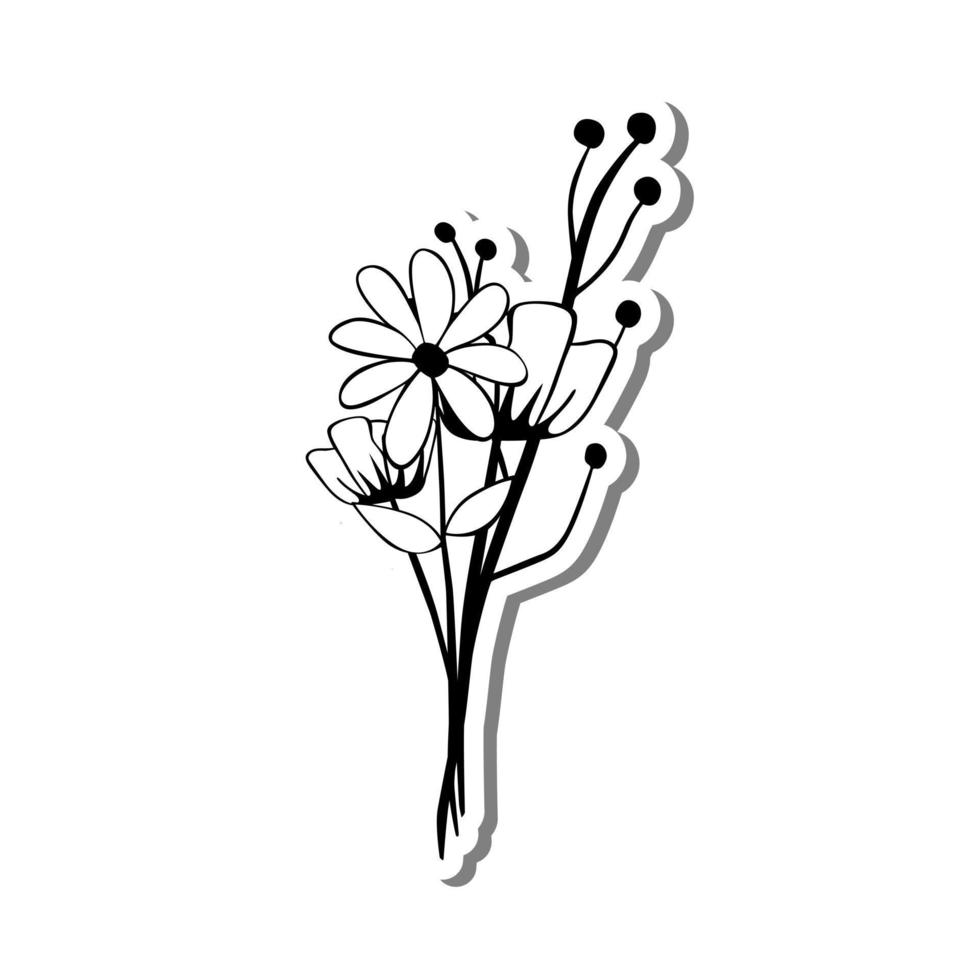 Monochromer Mini-Blumenstrauß auf weißer Silhouette und grauem Schatten. vektorillustration für dekoration oder irgendein design. vektor