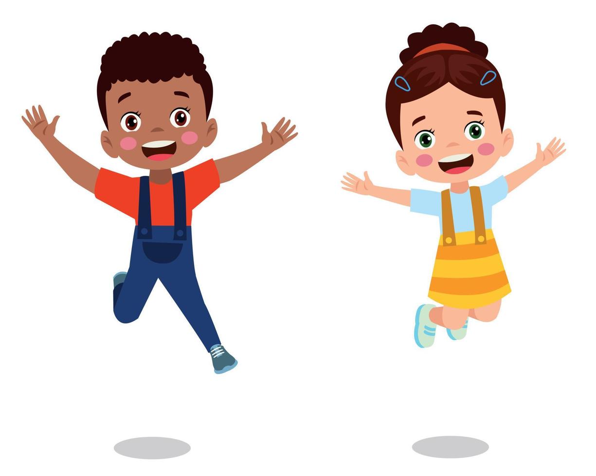 Hoppar ungar. Lycklig rolig barn spelar och Hoppar i annorlunda verkan poser utbildning liten team vektor tecken. illustration av barn och barn roligt och leende