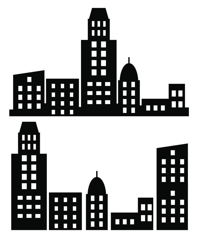 Stadtgebäude silhouettieren verschiedene Bauvektorsatzillustrationen, die auf weißem Hintergrund lokalisiert werden. schwarz in flachen Silhouetten von Wolkenkratzern und Flachbauten. architektonische konstruktionen gesetzt vektor