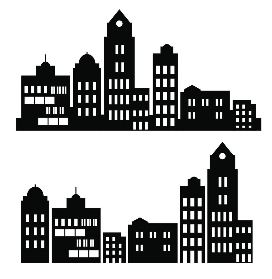 på en vit bakgrund, en vektor platt uppsättning av illustrationer av arkitektur stad byggnader i silhuetter under olika konstruktioner