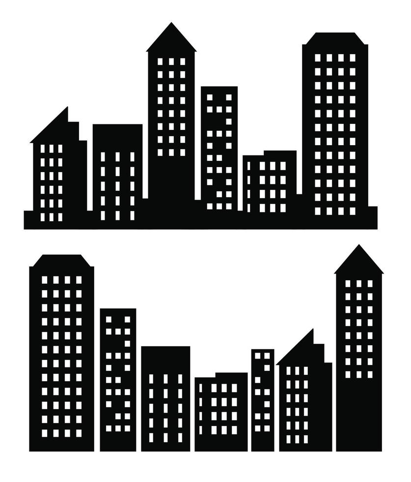 Gebäude-Vektor-Set Illustrationen einer Silhouette von Stadtstrukturen in Umrissen unter verschiedenen Entwicklungen werden in Hochhaus- und Flachbau-Umrissen urbaner Vektoren verwendet