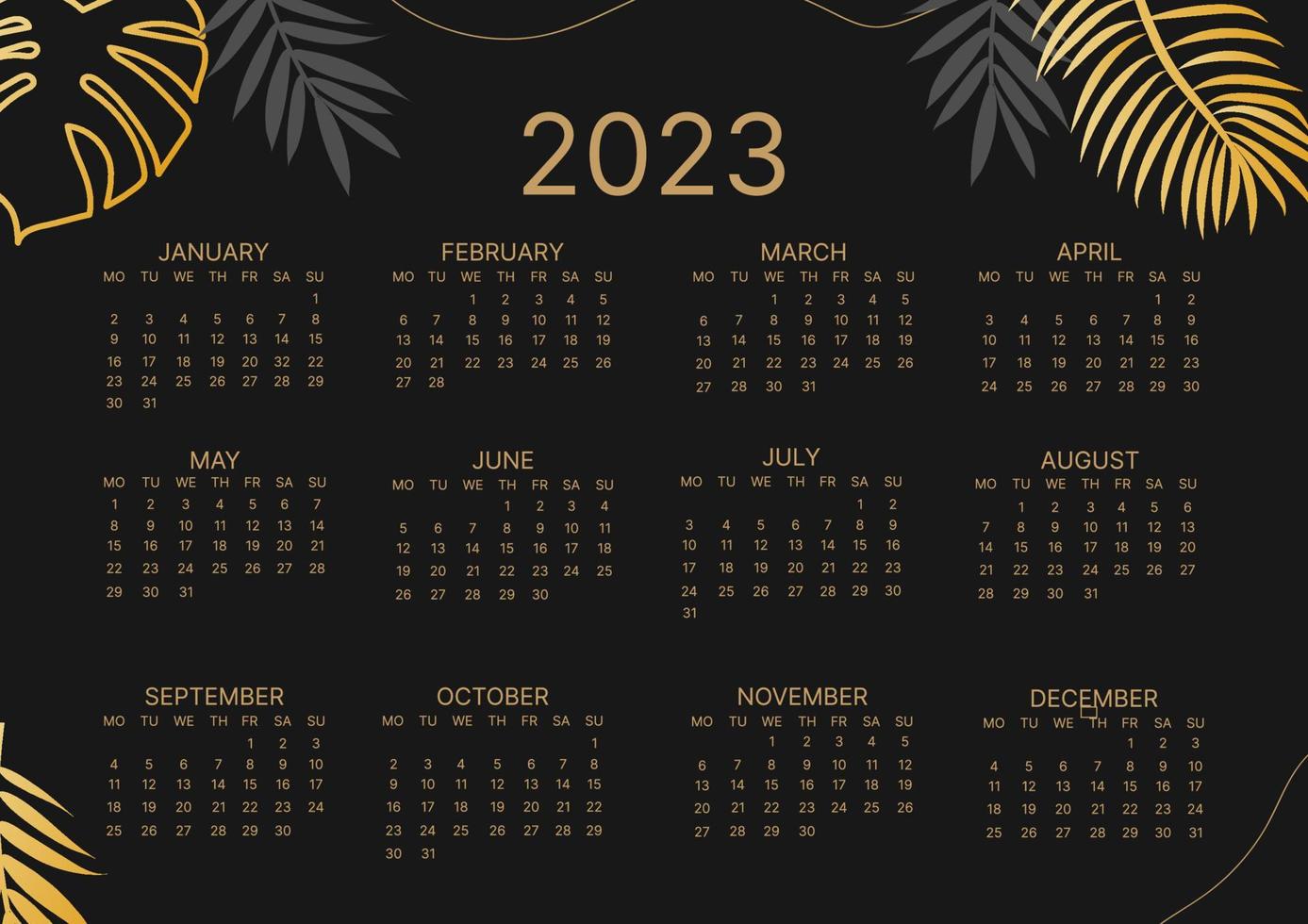 klassischer monatskalender für 2023. kalender mit palm- und monsterablättern, schwarz-goldene farbe. vektor