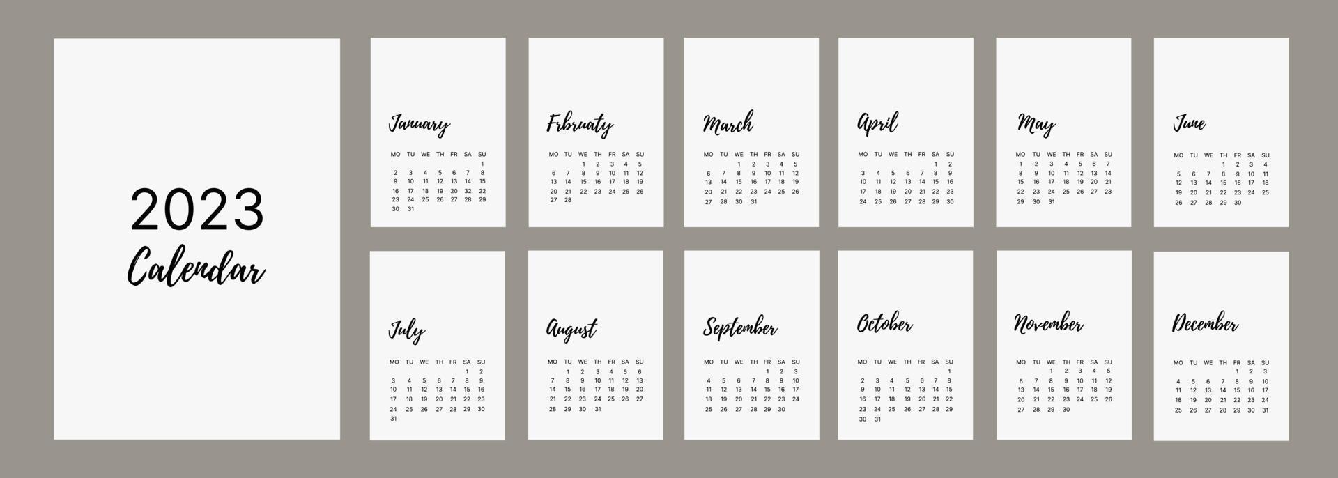 klassischer Monatskalender für 2023. ein Kalender im Stil des Minimalismus in quadratischer Form. Kalendervorlage. vektor