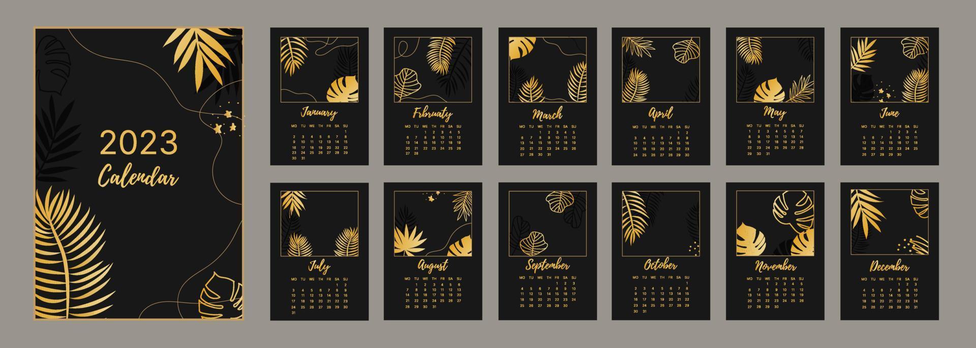 klassisk månadskalender för 2023. kalender med palm- och monsterblad, svart och guldfärg. vektor