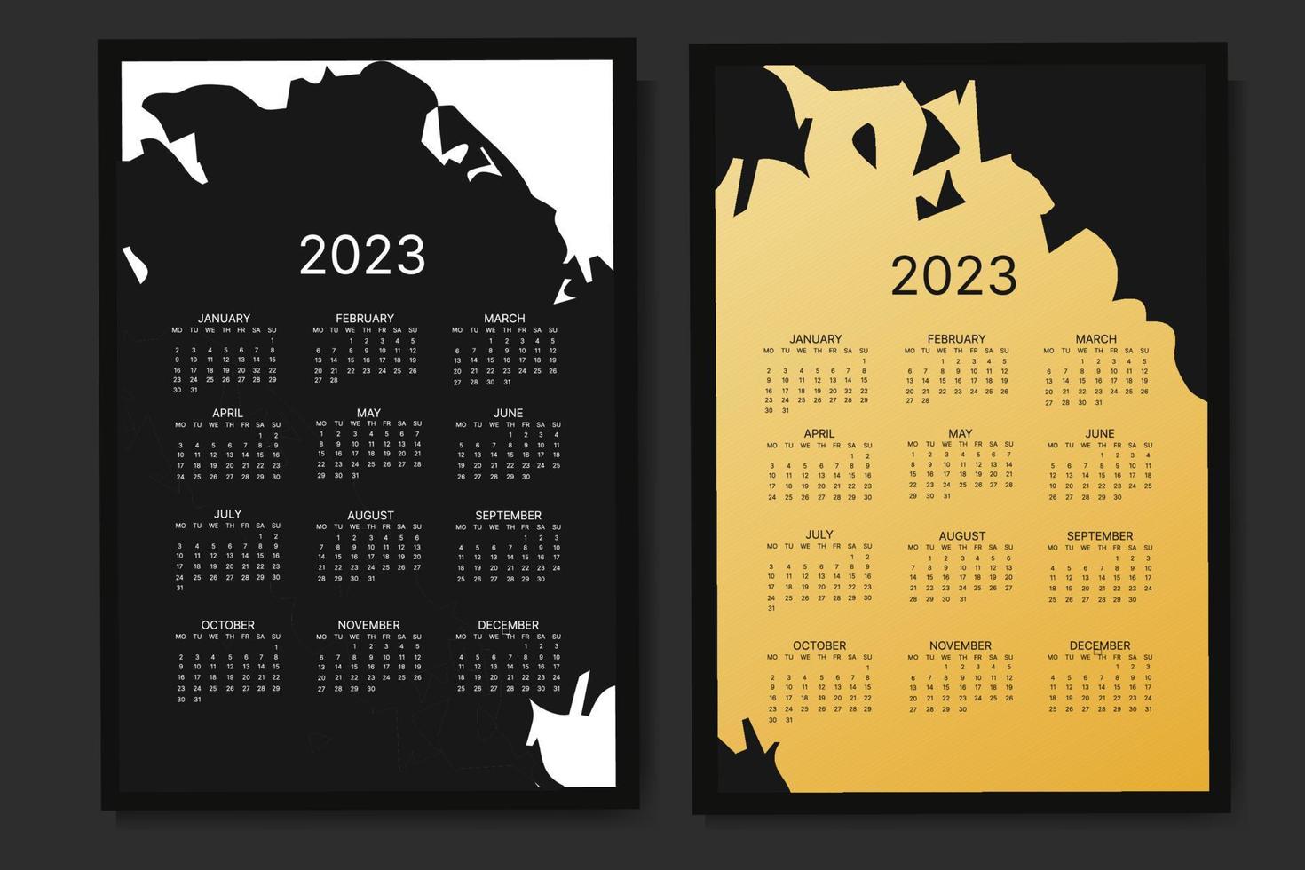 klassisk en gång i månaden kalender för 2023. kalender med abstrakt former, svart och guld Färg, vektor illustration.