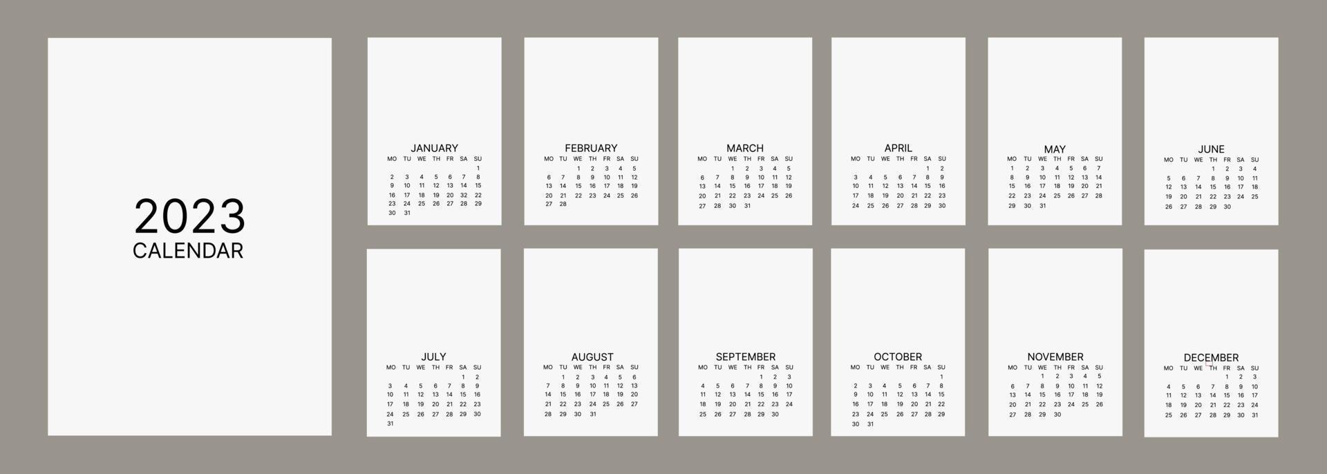 klassisk en gång i månaden kalender för 2023. en kalender i de stil av minimalism av en fyrkant form. kalender mall. vektor