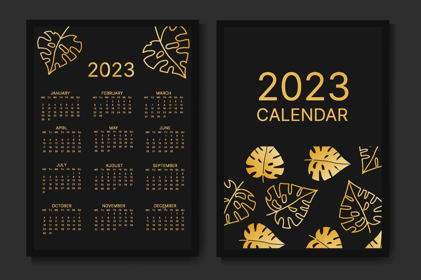 klassischer monatskalender für 2023. kalender mit monstera-blättern, schwarz-goldene farbe. vektor