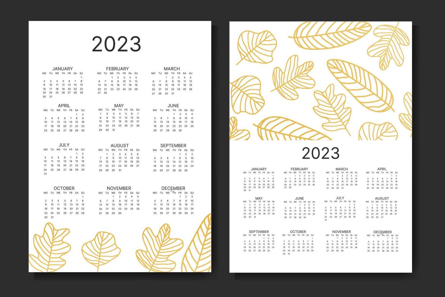 klassisk en gång i månaden kalender för 2023. kalender med handflatan löv, vit och guld Färg. vektor