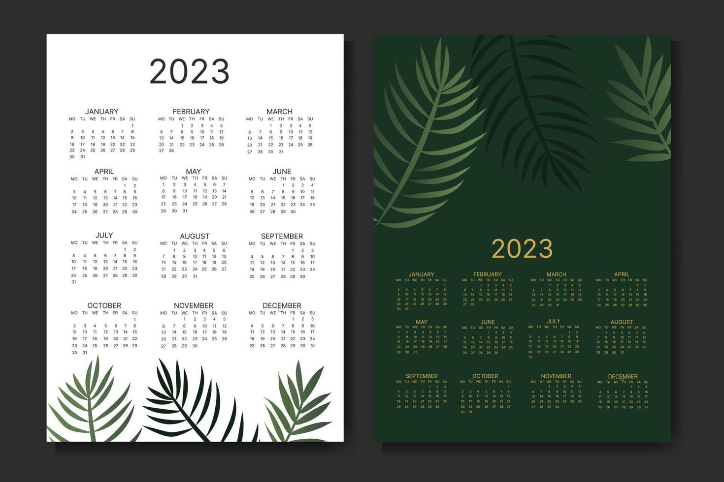 klassischer monatskalender für 2023. kalender mit palmblättern, weiße und grüne farbe. vektor